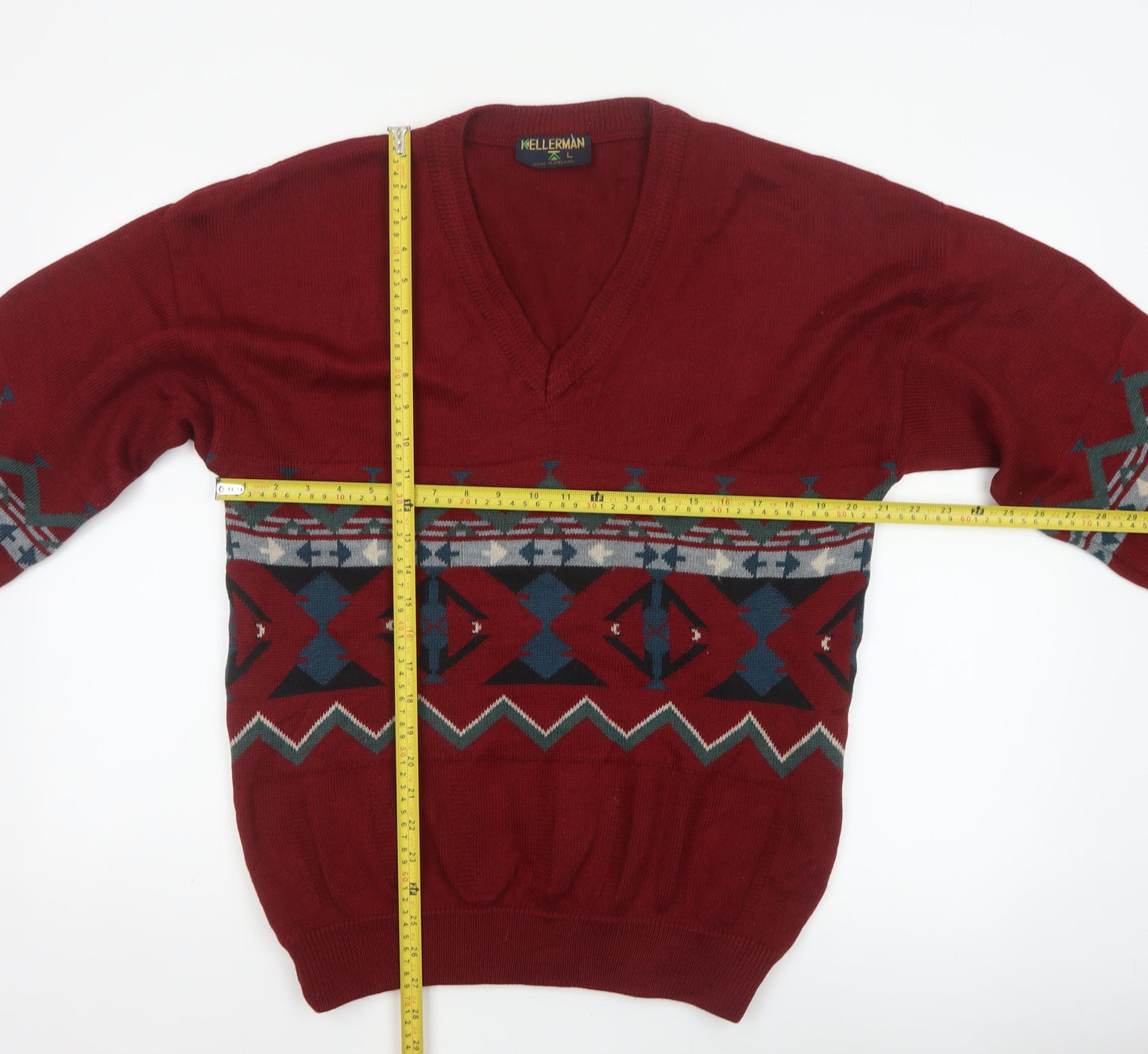 Kellerman Men’s Red L Aztec Geometric V-Neck Wool Blend Jumper