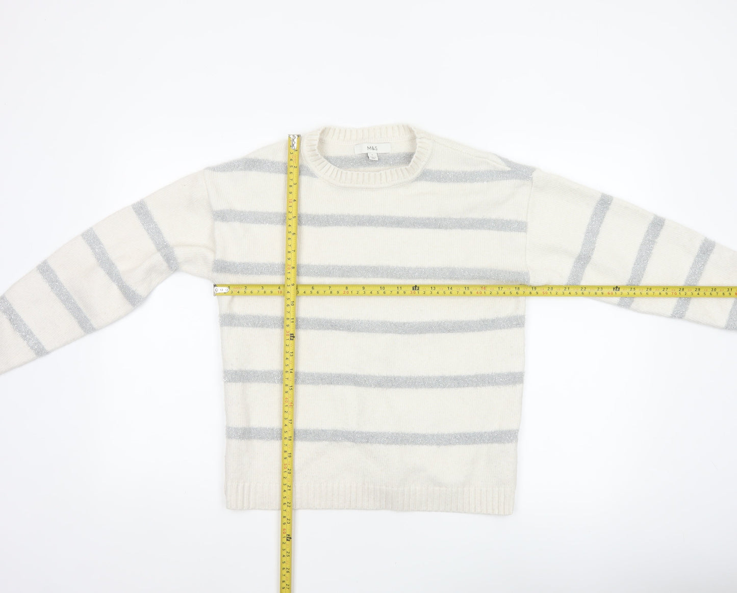 Marks & Spencer Women Ivory Silver Glitter Striped Knit Jumper Size S