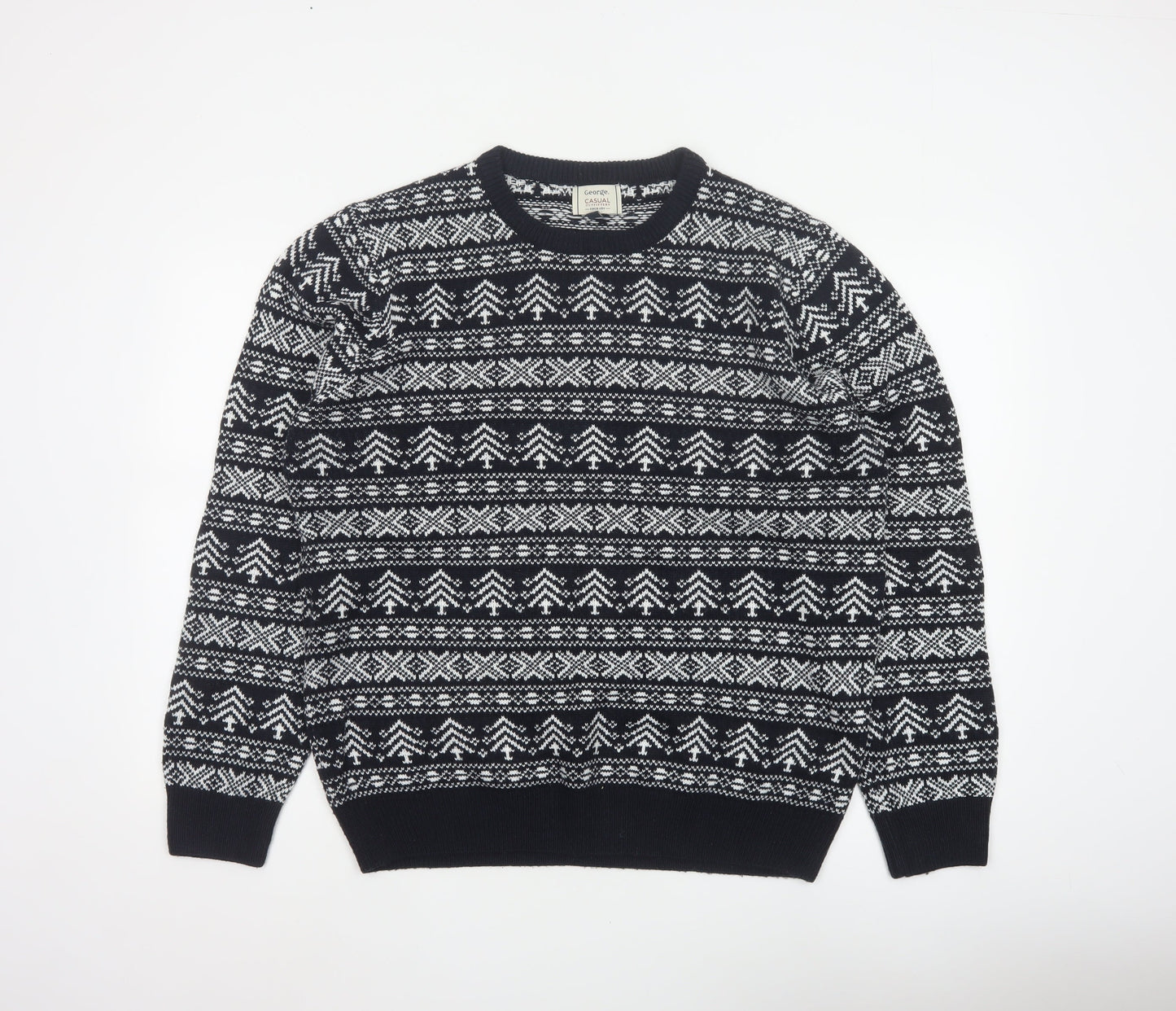 George Men’s Black L Fair Isle Acrylic Crew Neck Pullover Jumper