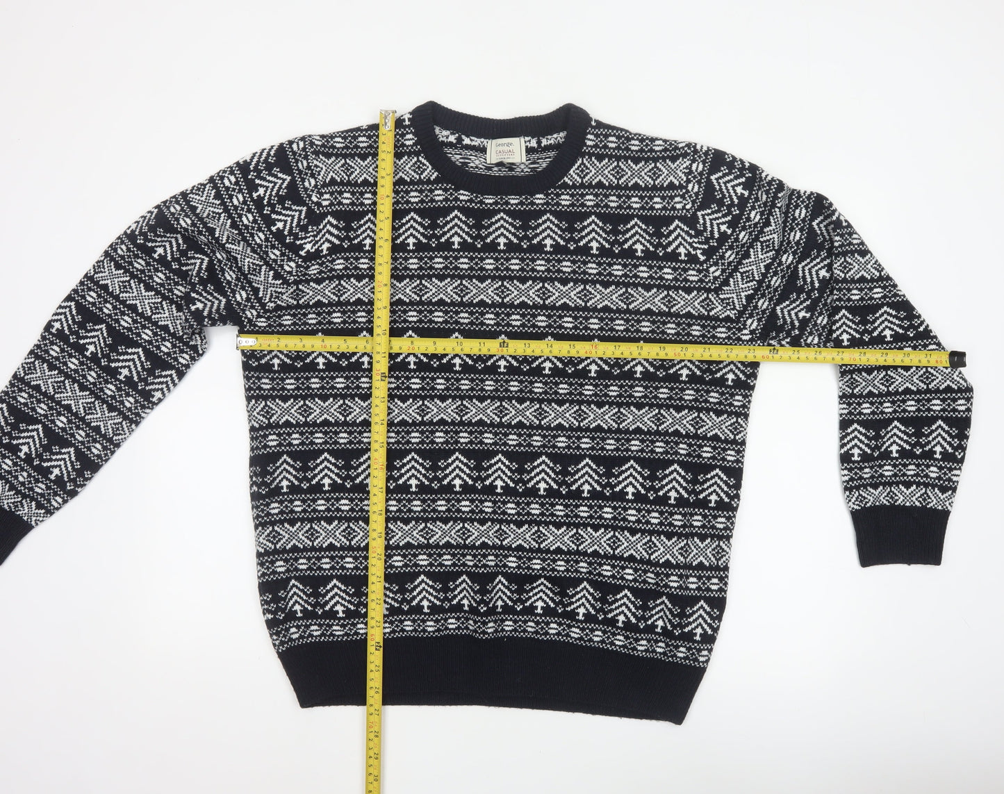 George Men’s Black L Fair Isle Acrylic Crew Neck Pullover Jumper