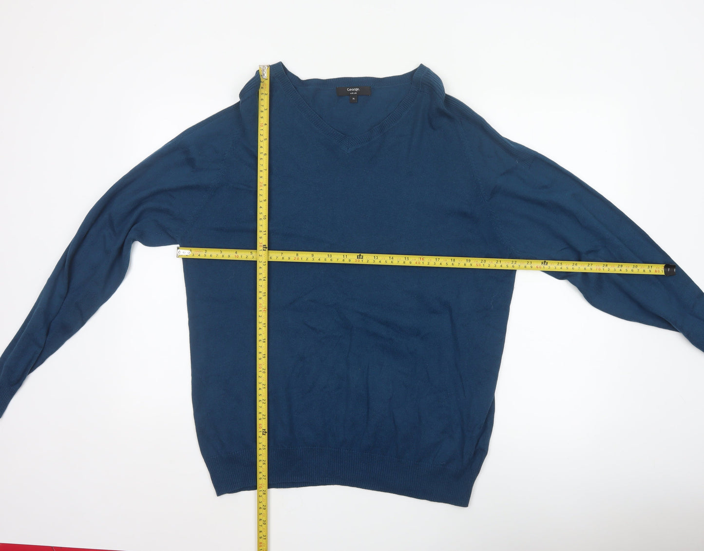 George Men’s Blue XL V-Neck Cotton Silk Cashmere Pullover Jumper