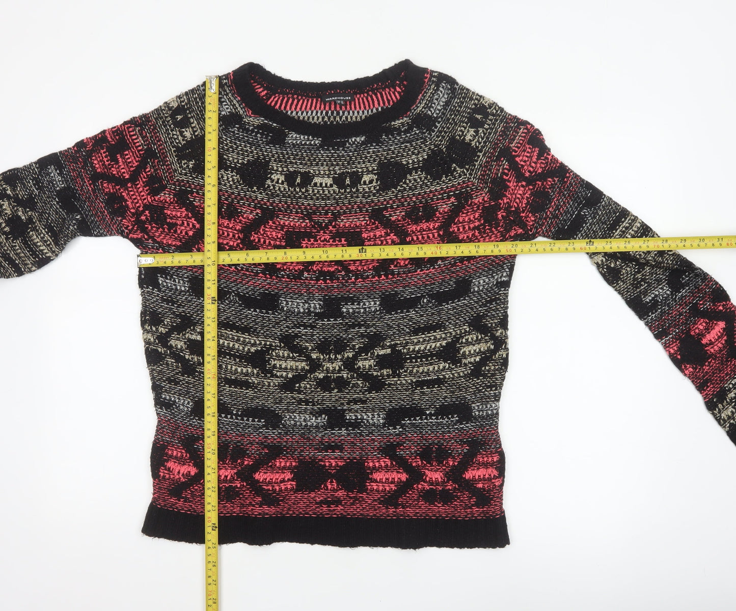 Warehouse Women’s Multicoloured Aztec Knit Jumper UK 12 Crew Neck