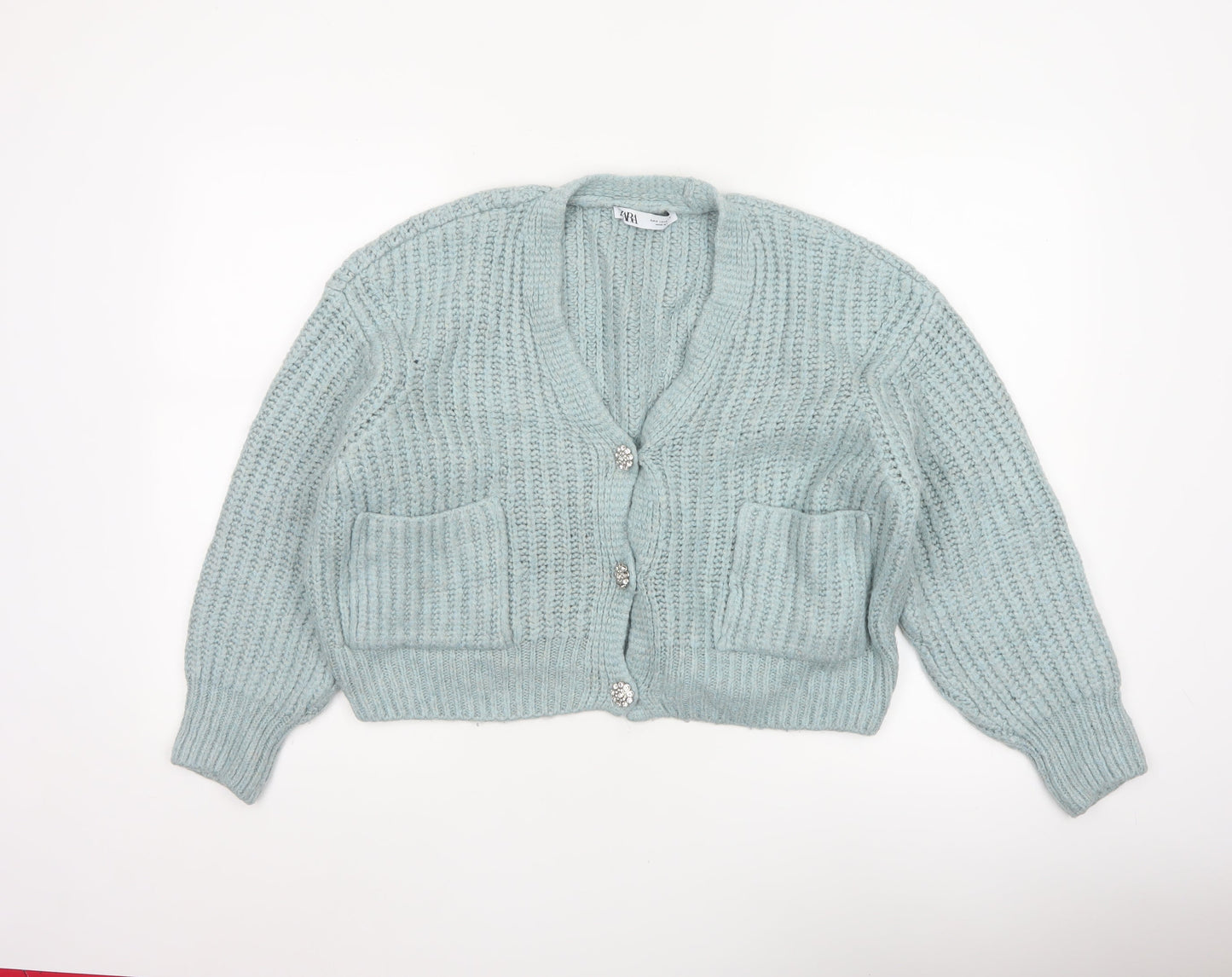Zara Women Blue Size S Chunky Knit V-Neck Button Cardigan