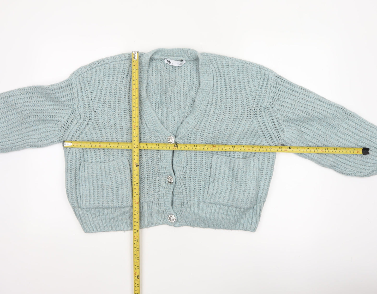 Zara Women Blue Size S Chunky Knit V-Neck Button Cardigan