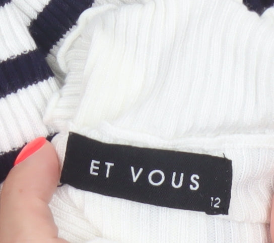 Et Vous Women’s White Navy Stripe High Neck Knit Jumper Size 12