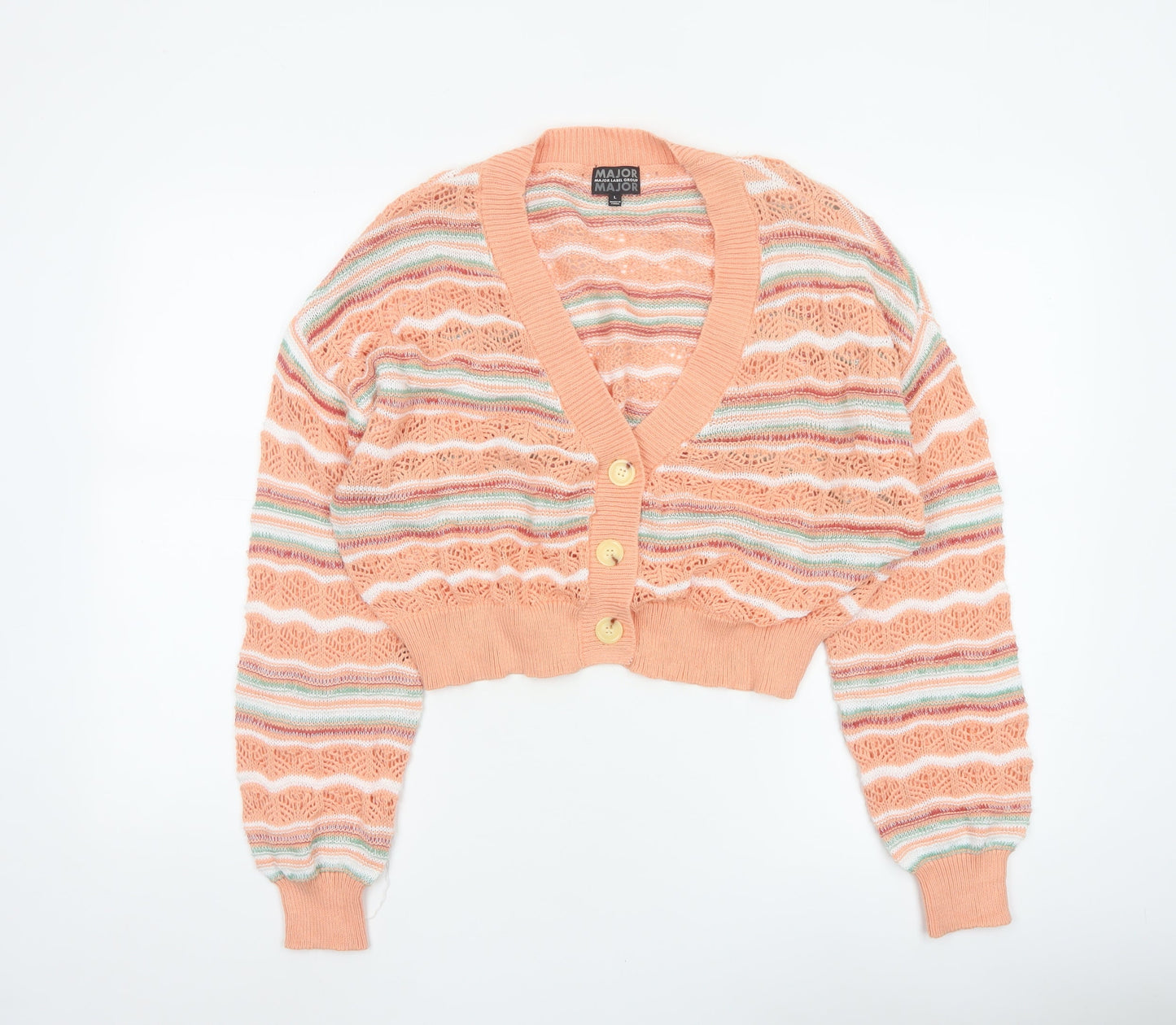 Major Women’s Peach Stripe Open-Knit Button Cardigan Size L