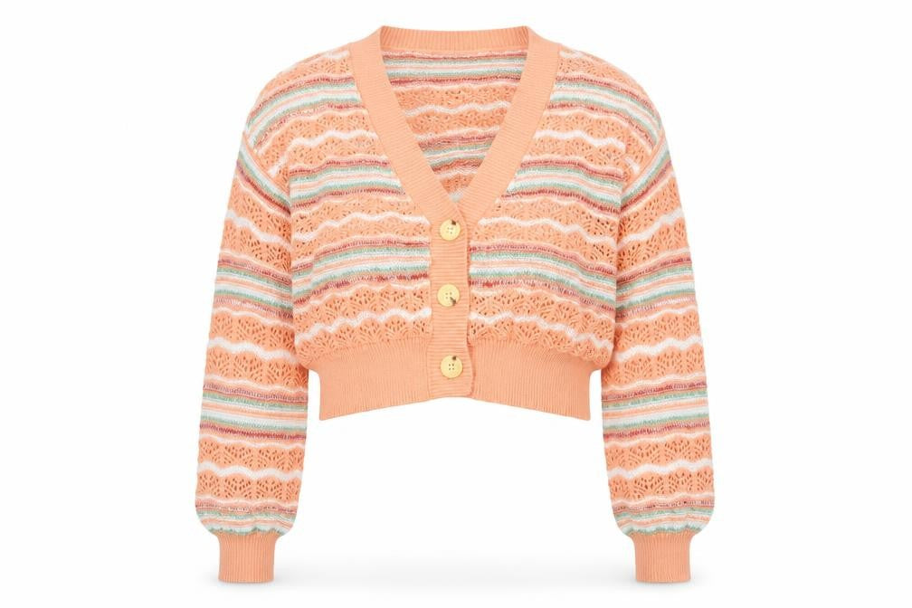 Major Women’s Peach Stripe Open-Knit Button Cardigan Size L