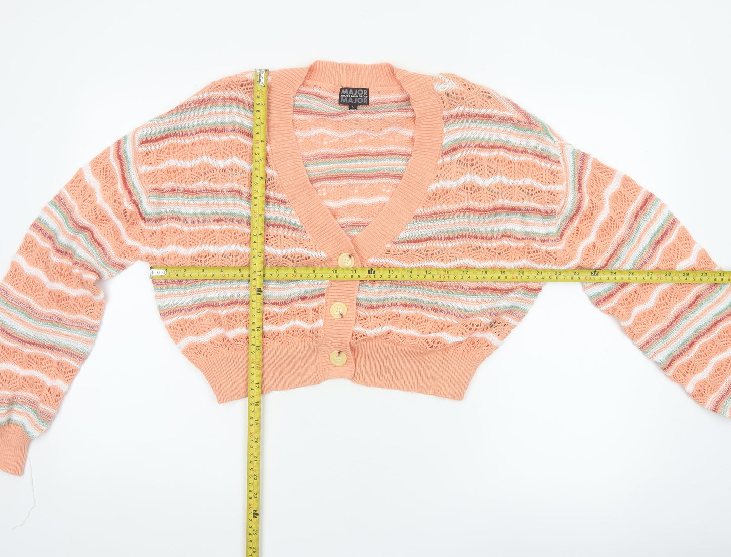Major Women’s Peach Stripe Open-Knit Button Cardigan Size L