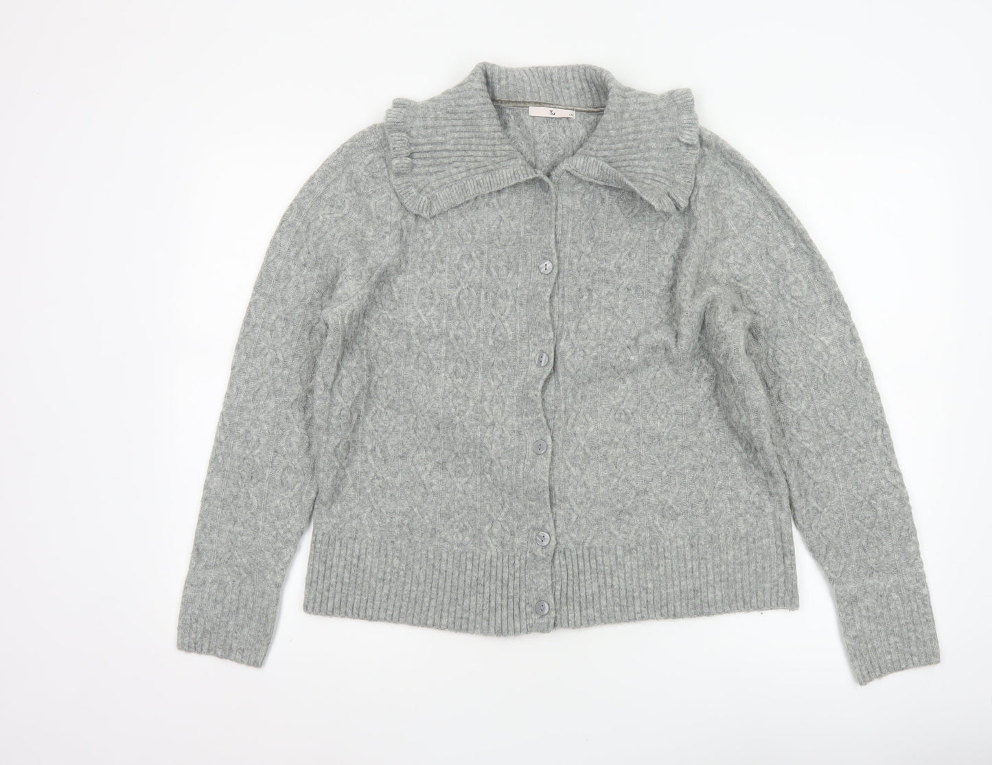 Tu Women’s Grey Cable-Knit Collared Button Cardigan Size 14