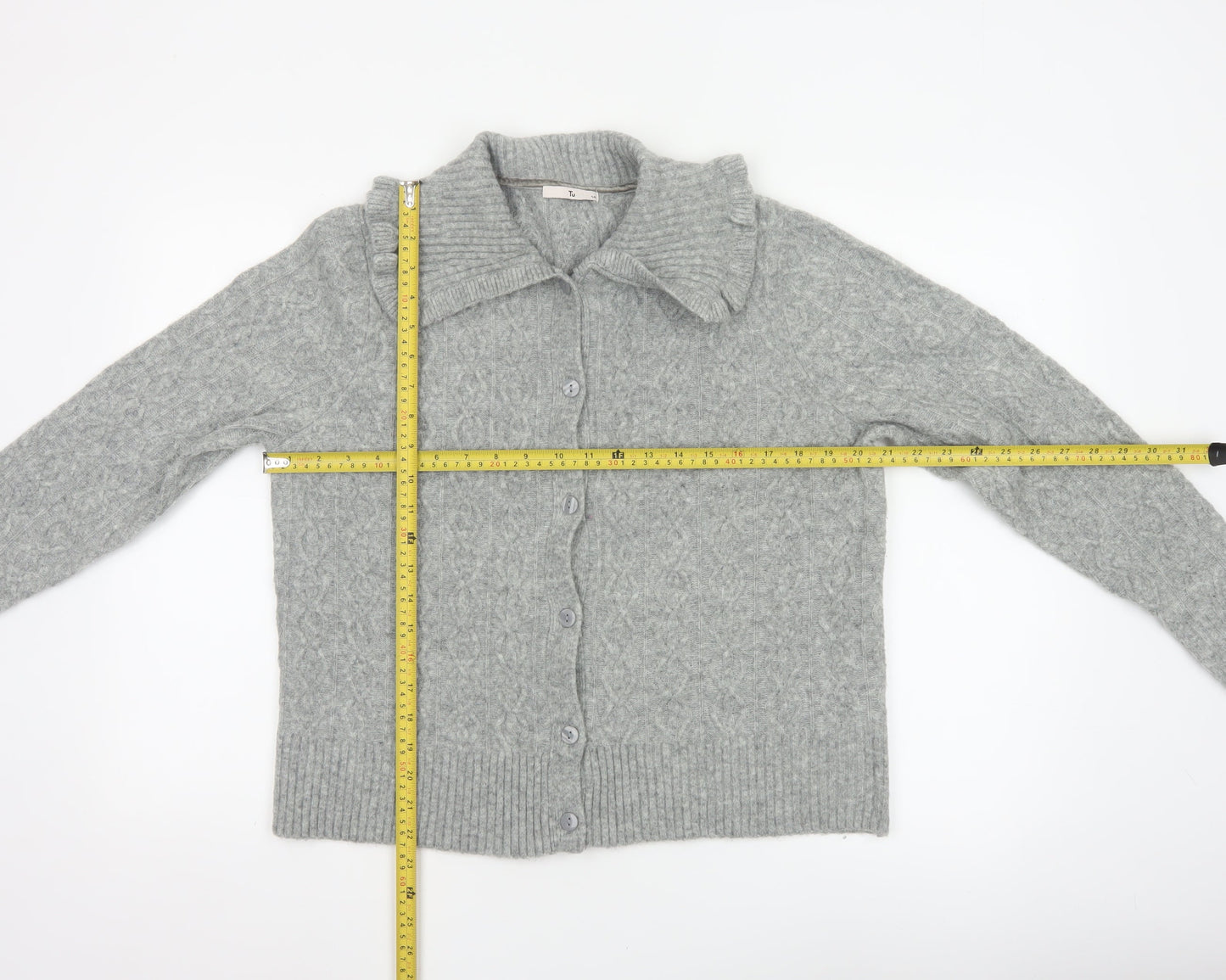 Tu Women’s Grey Cable-Knit Collared Button Cardigan Size 14