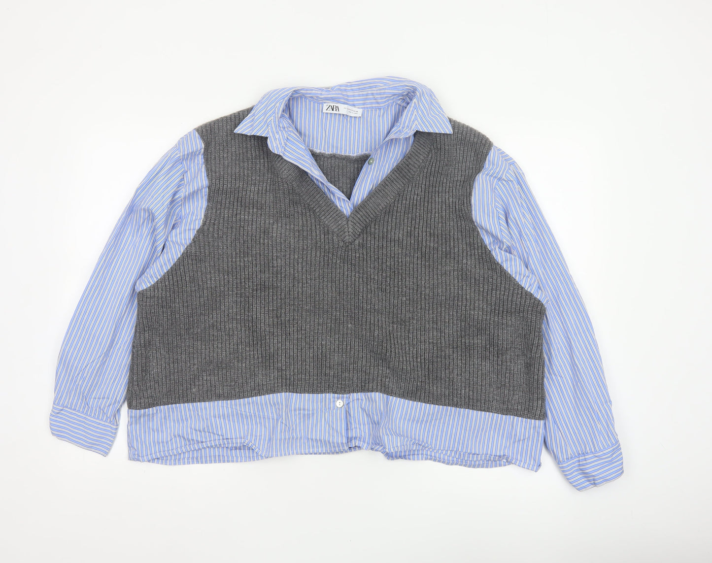 Zara Women Blue Stripe Shirt Grey Knit Vest Long Sleeve Size 6