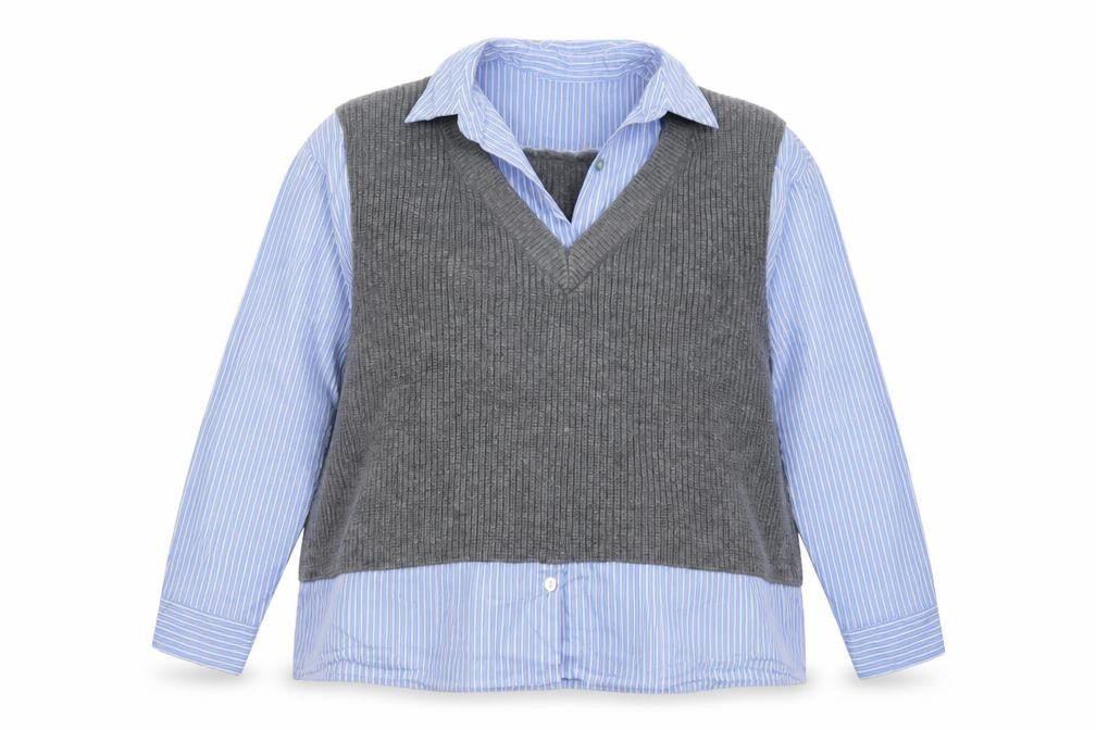 Zara Women Blue Stripe Shirt Grey Knit Vest Long Sleeve Size 6