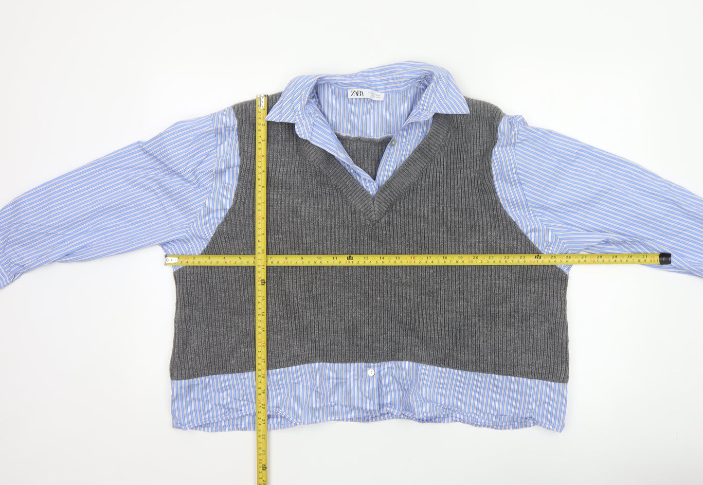 Zara Women Blue Stripe Shirt Grey Knit Vest Long Sleeve Size 6