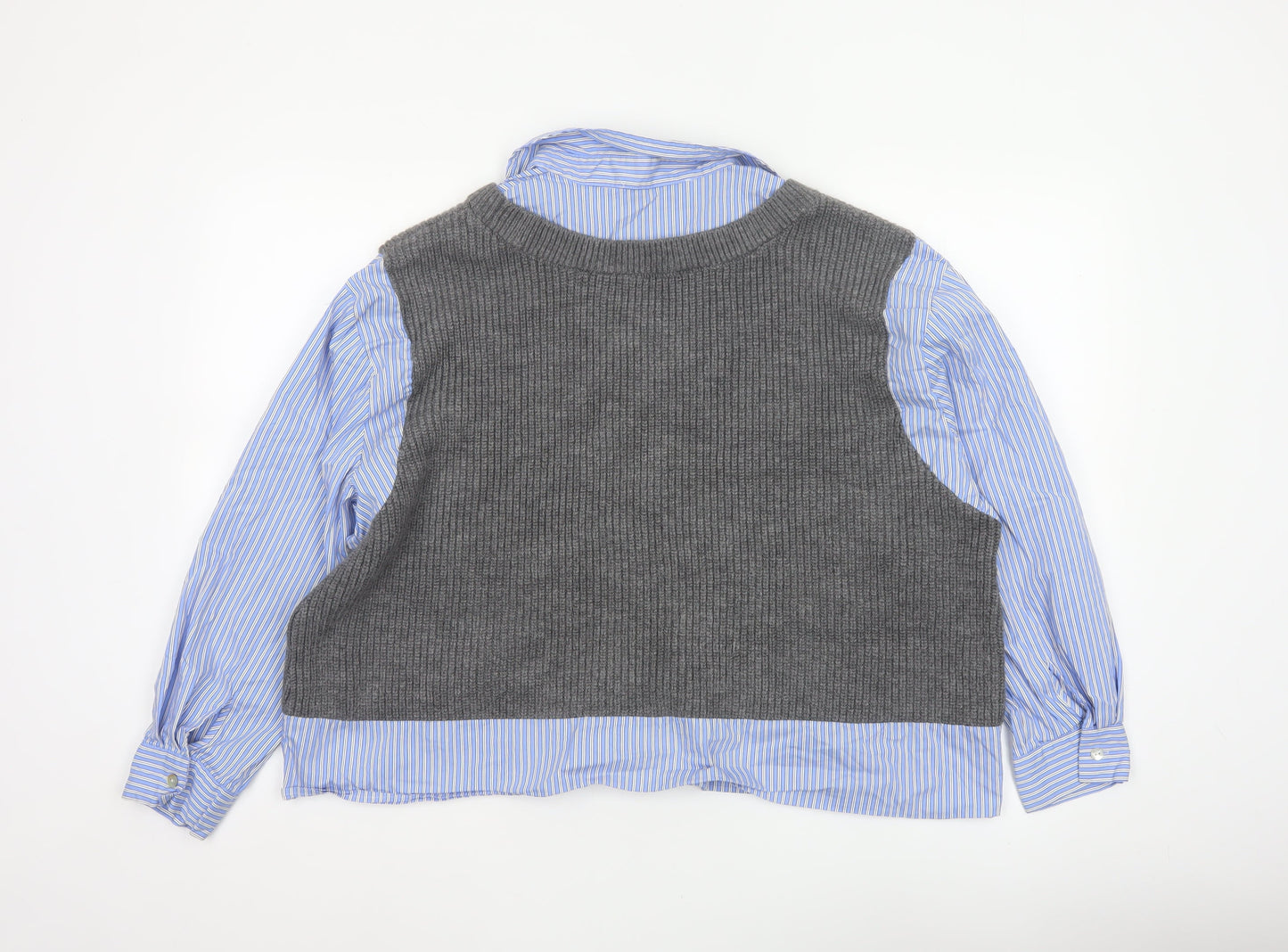 Zara Women Blue Stripe Shirt Grey Knit Vest Long Sleeve Size 6