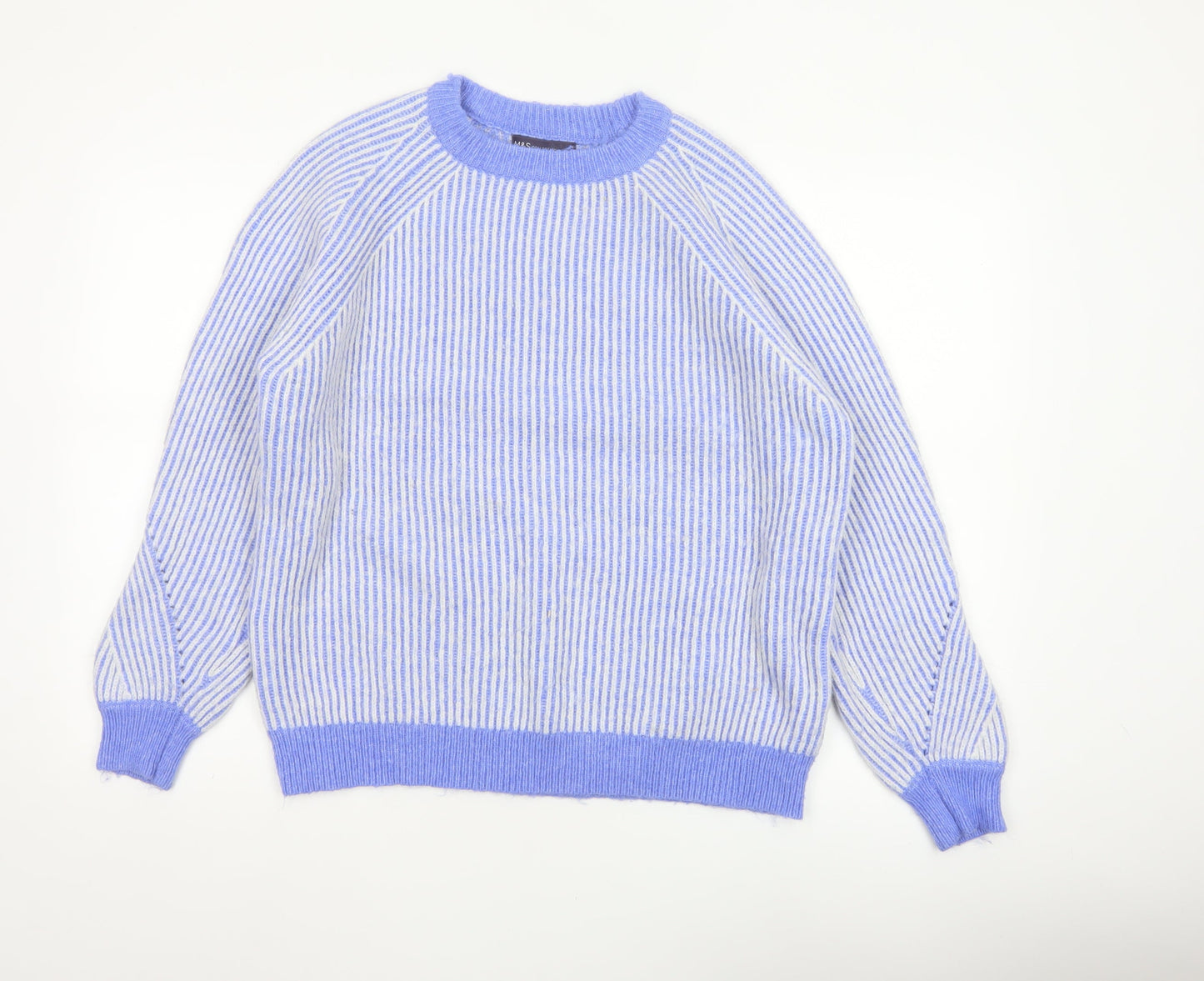Marks and Spencer Women Blue M Rib Knit Striped Raglan Jumper