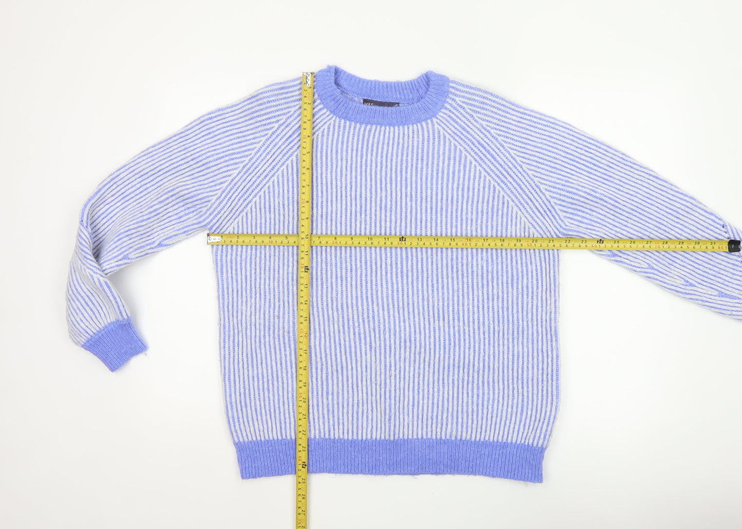 Marks and Spencer Women Blue M Rib Knit Striped Raglan Jumper