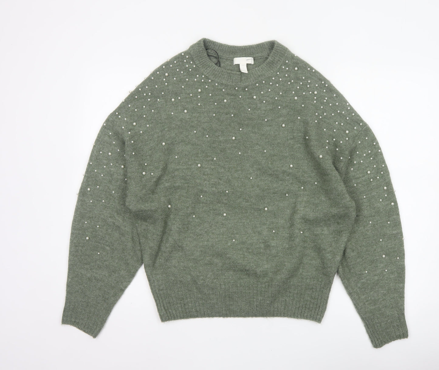 H&M Women’s Green Pearl Beaded Crew Neck Knit Jumper Size S