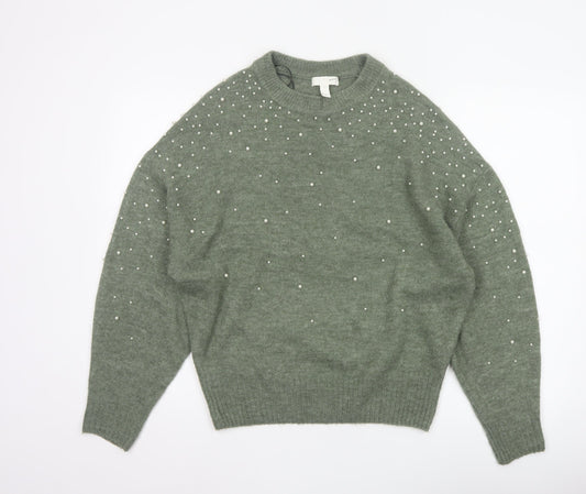 H&M Women’s Green Pearl Beaded Crew Neck Knit Jumper Size S