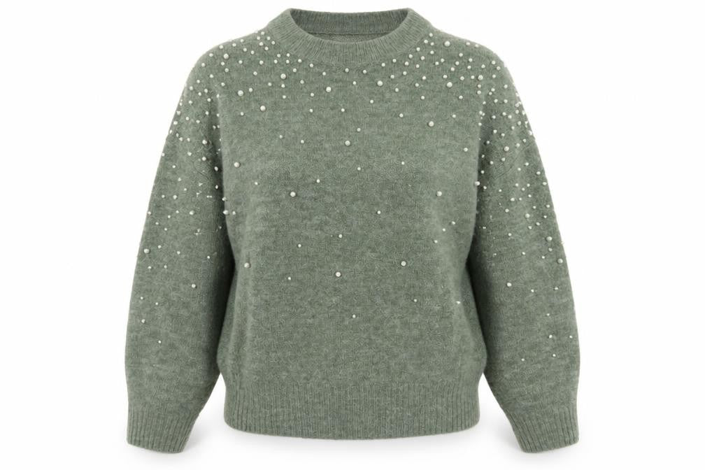 H&M Women’s Green Pearl Beaded Crew Neck Knit Jumper Size S