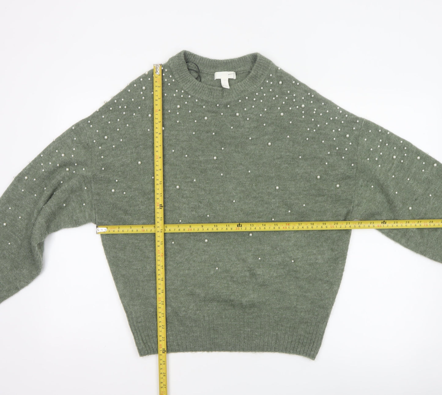 H&M Women’s Green Pearl Beaded Crew Neck Knit Jumper Size S