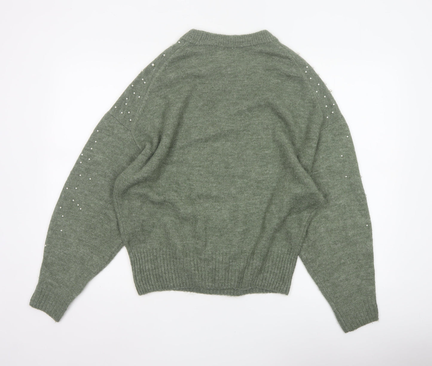 H&M Women’s Green Pearl Beaded Crew Neck Knit Jumper Size S