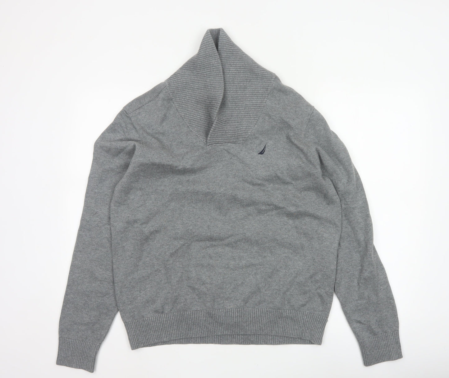 Nautica Men’s Grey M Cotton Shawl Collar Logo Pullover Jumper