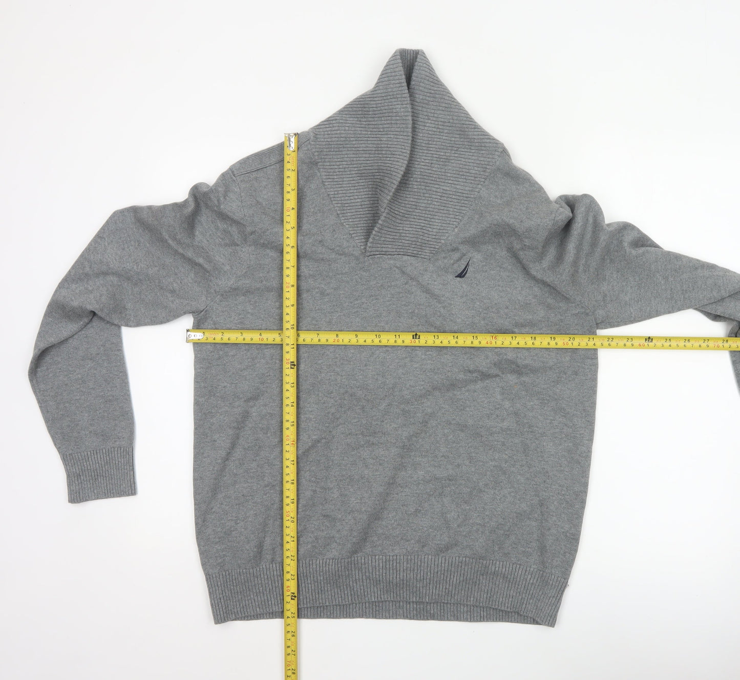 Nautica Men’s Grey M Cotton Shawl Collar Logo Pullover Jumper