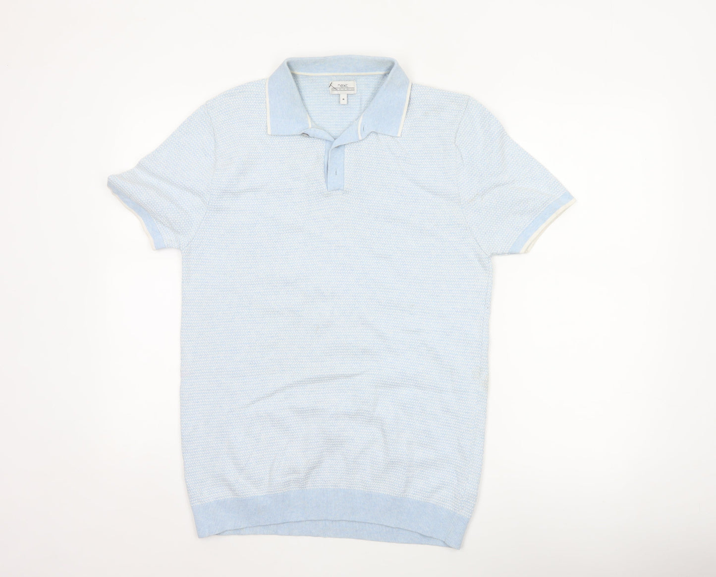 Next Men’s Blue Herringbone Knit Polo Shirt Size M Short Sleeve Cotton