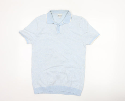 Next Men’s Blue Herringbone Knit Polo Shirt Size M Short Sleeve Cotton