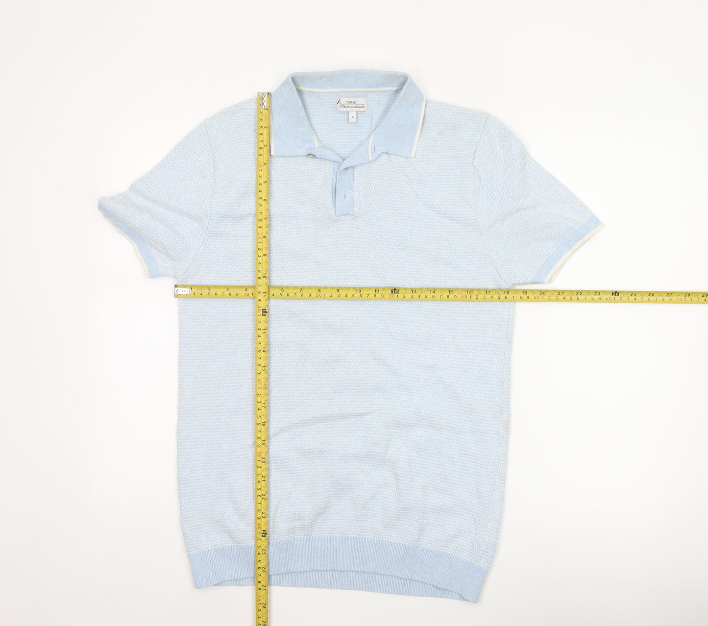 Next Men’s Blue Herringbone Knit Polo Shirt Size M Short Sleeve Cotton