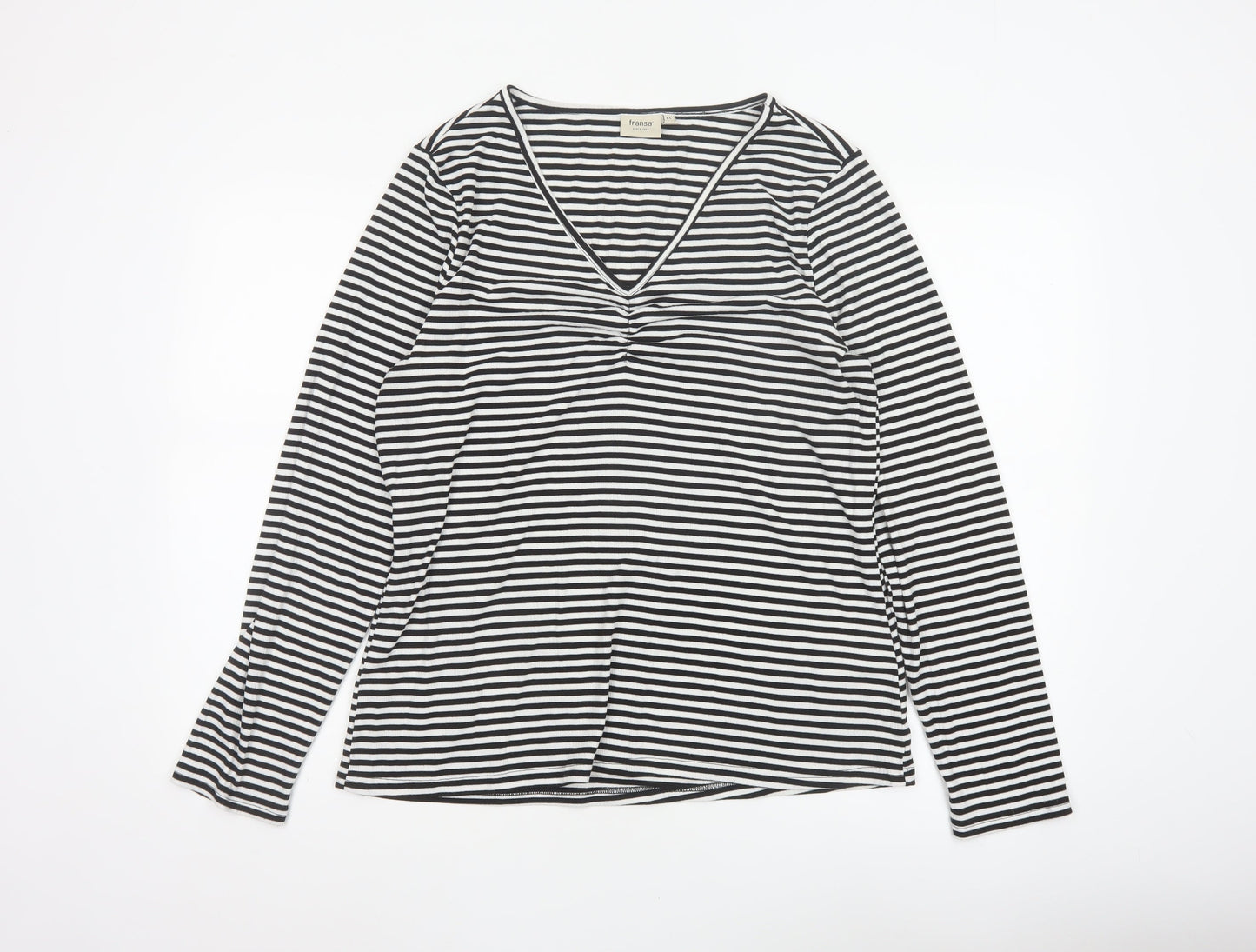 Fransa Women Black White Striped XL Jersey V-Neck Long Sleeve Top