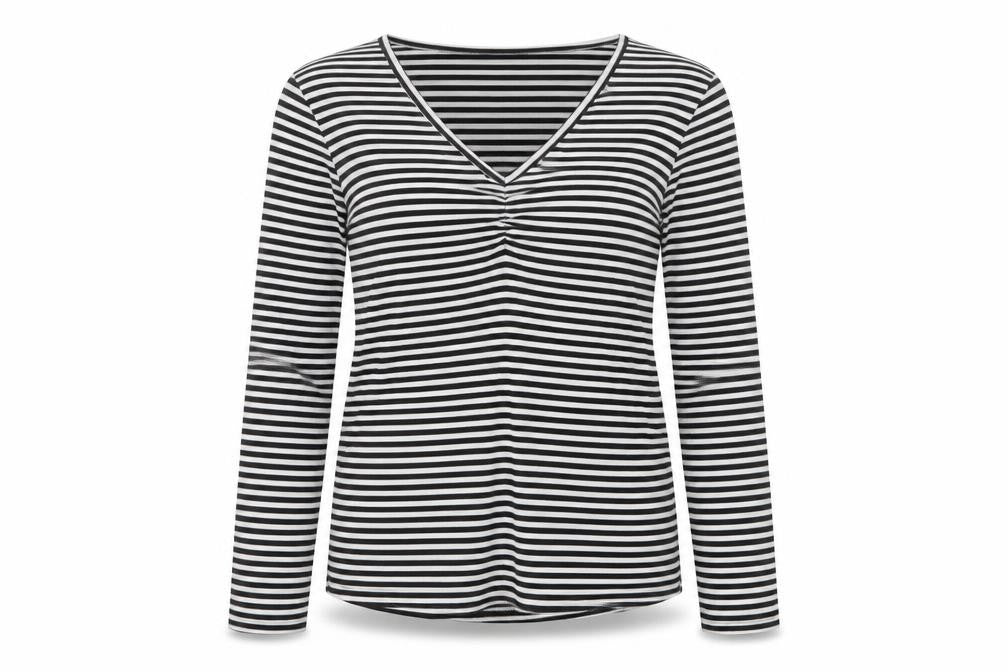 Fransa Women Black White Striped XL Jersey V-Neck Long Sleeve Top