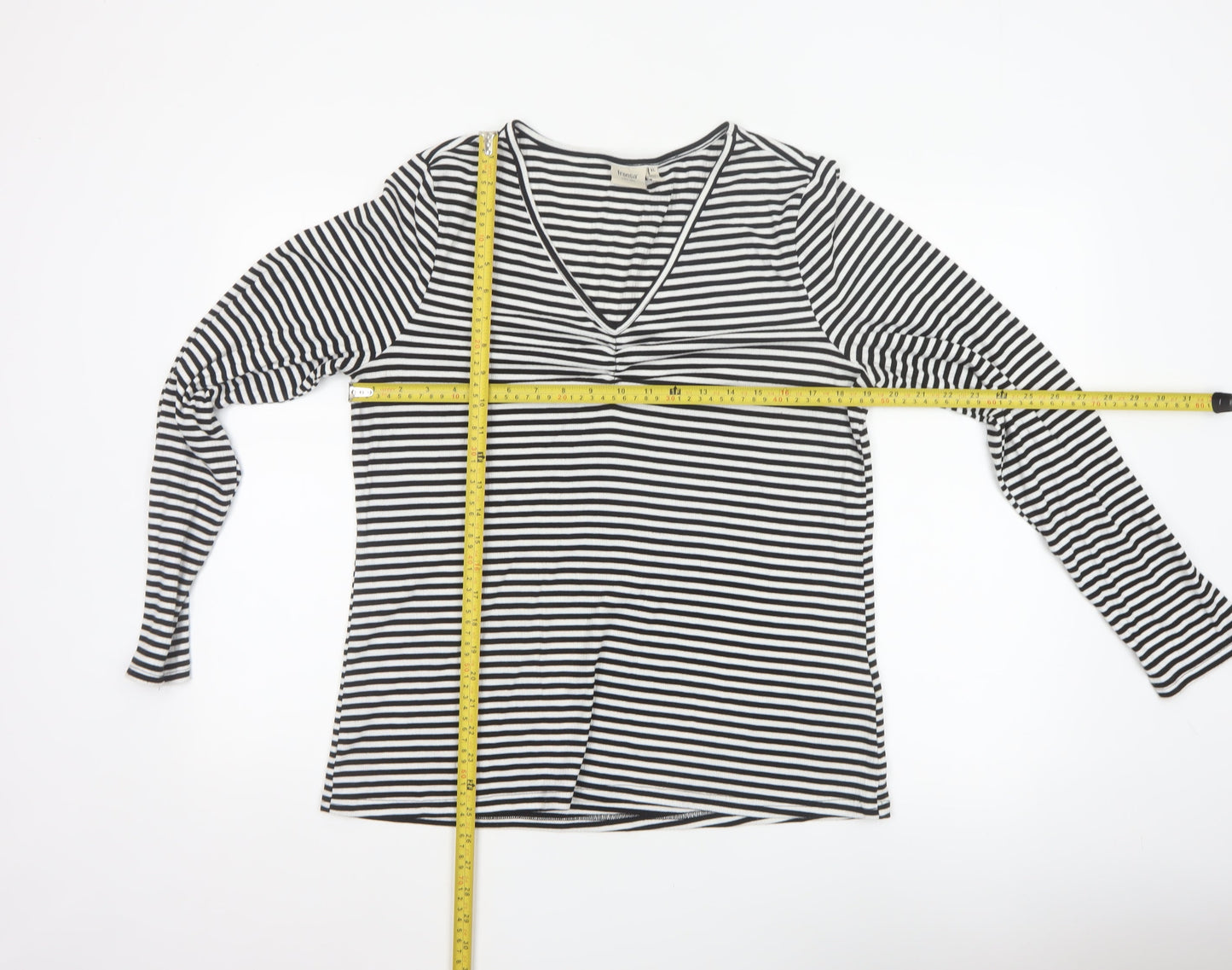 Fransa Women Black White Striped XL Jersey V-Neck Long Sleeve Top