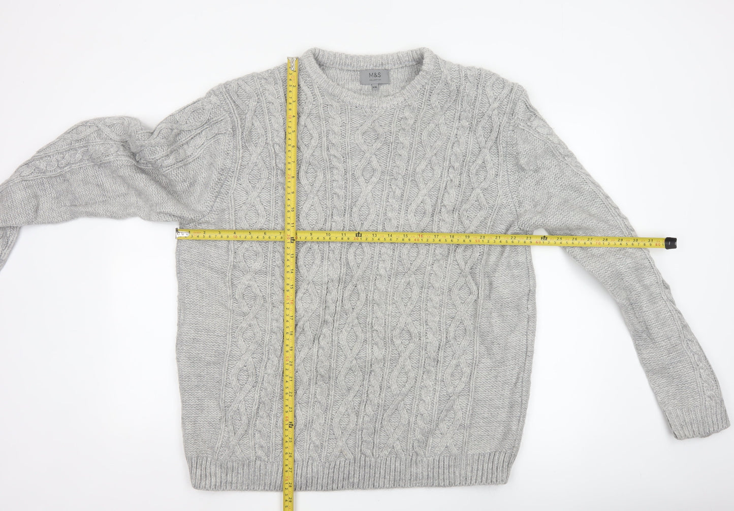 Marks & Spencer Men Grey 2XL Cable Knit Crew Neck Pullover Jumper