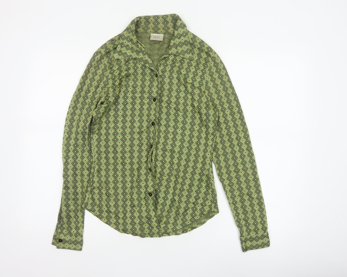 Next Women Green UK 12 Geometric Viscose Button-Up Long Sleeve Blouse