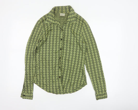 Next Women Green UK 12 Geometric Viscose Button-Up Long Sleeve Blouse