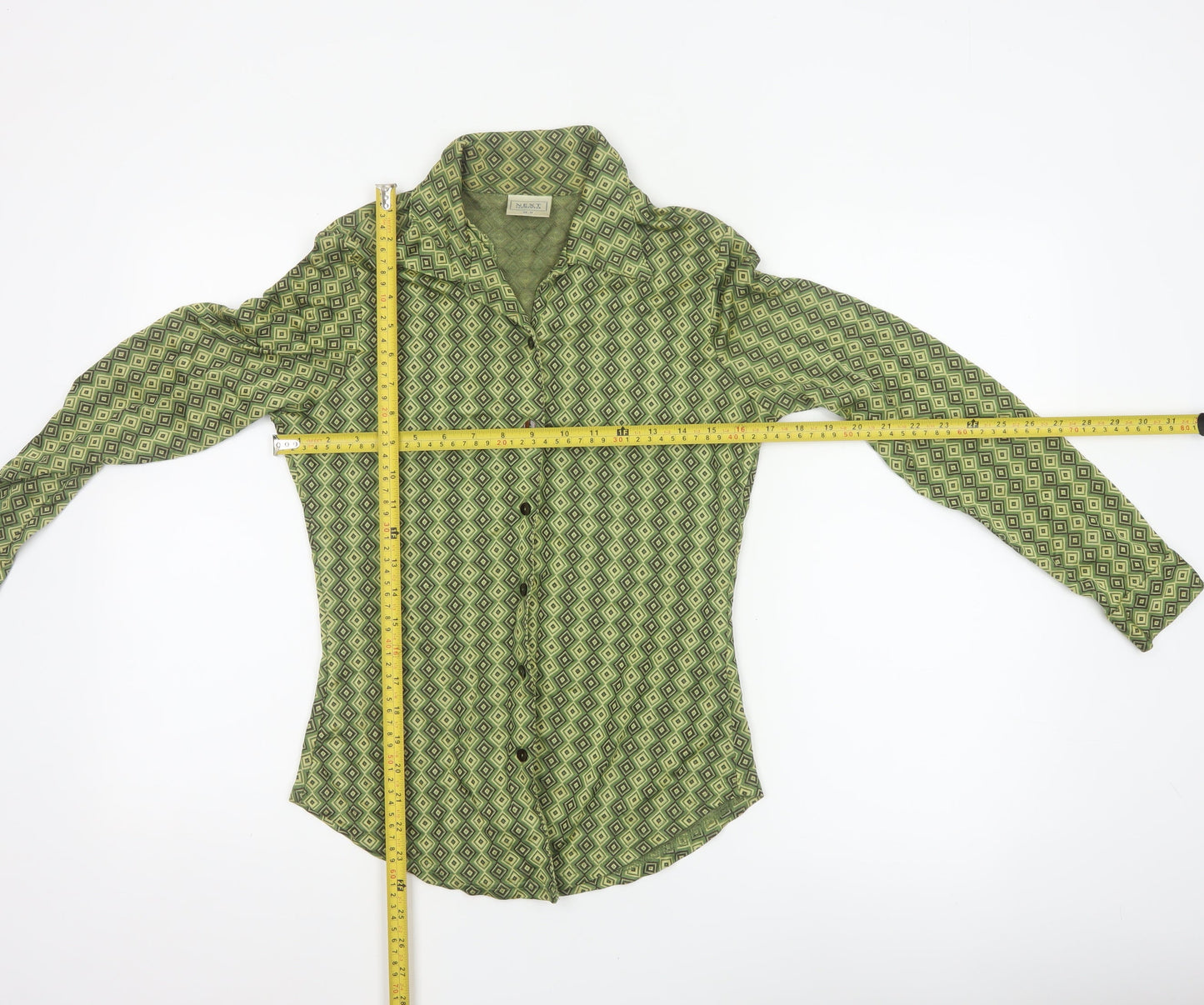 Next Women Green UK 12 Geometric Viscose Button-Up Long Sleeve Blouse