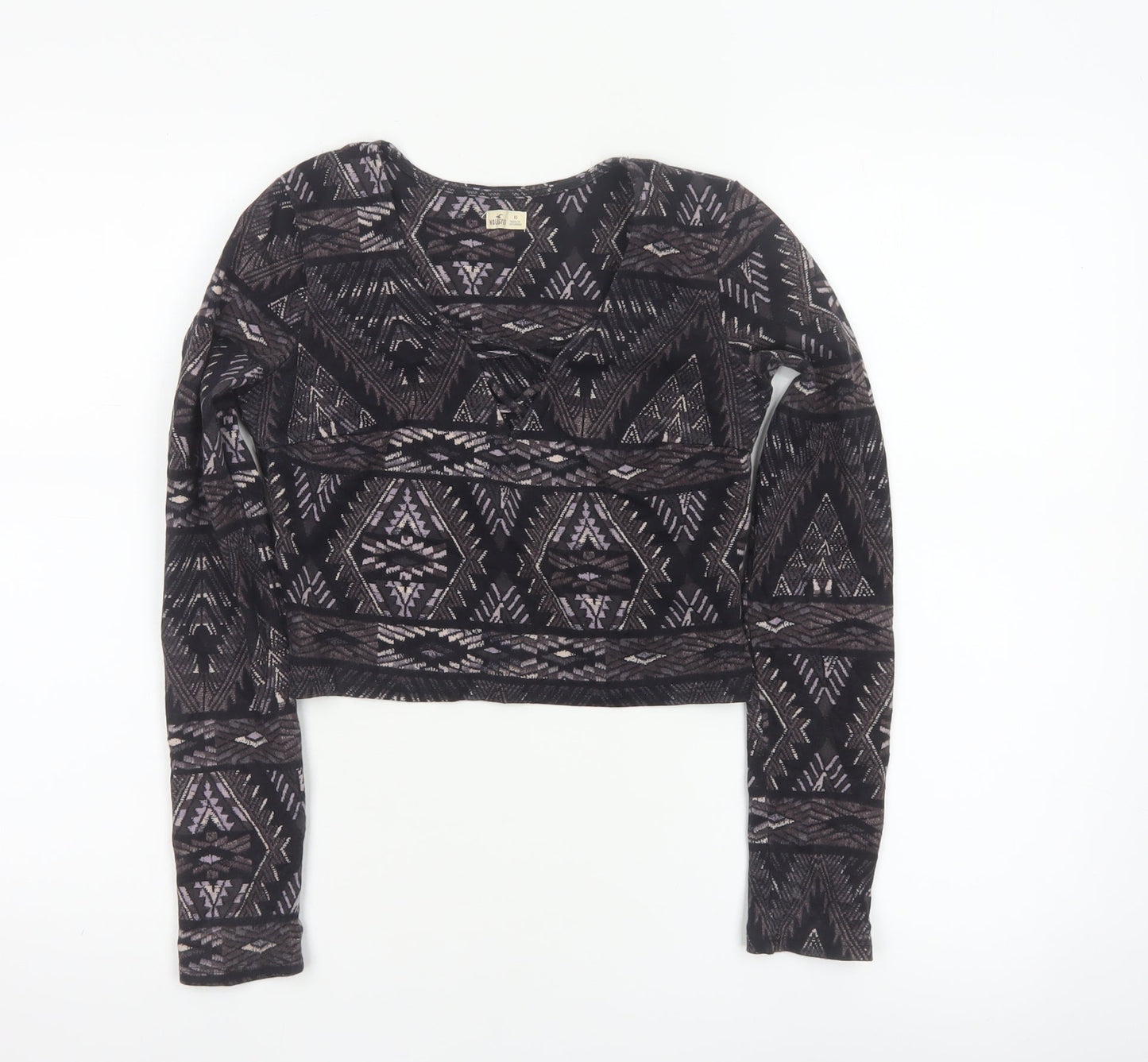 Hollister Women Black XS Cropped Aztec Lace Up Long Sleeve Top