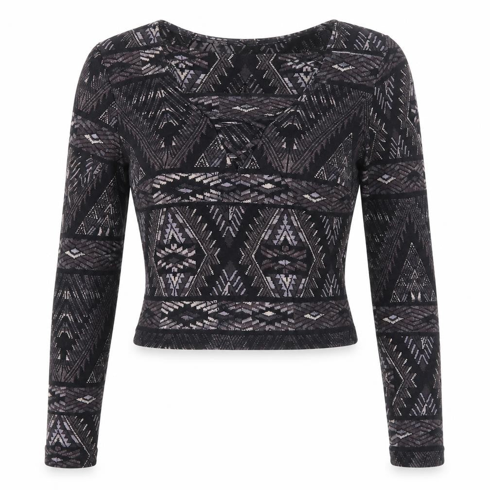 Hollister Women Black XS Cropped Aztec Lace Up Long Sleeve Top