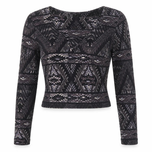 Hollister Women Black XS Cropped Aztec Lace Up Long Sleeve Top