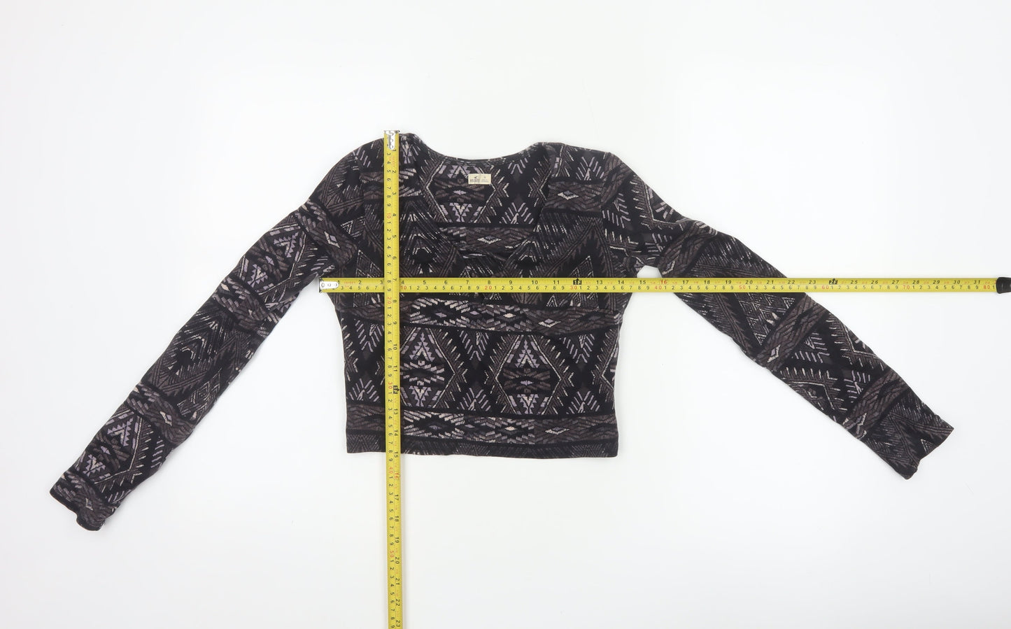 Hollister Women Black XS Cropped Aztec Lace Up Long Sleeve Top