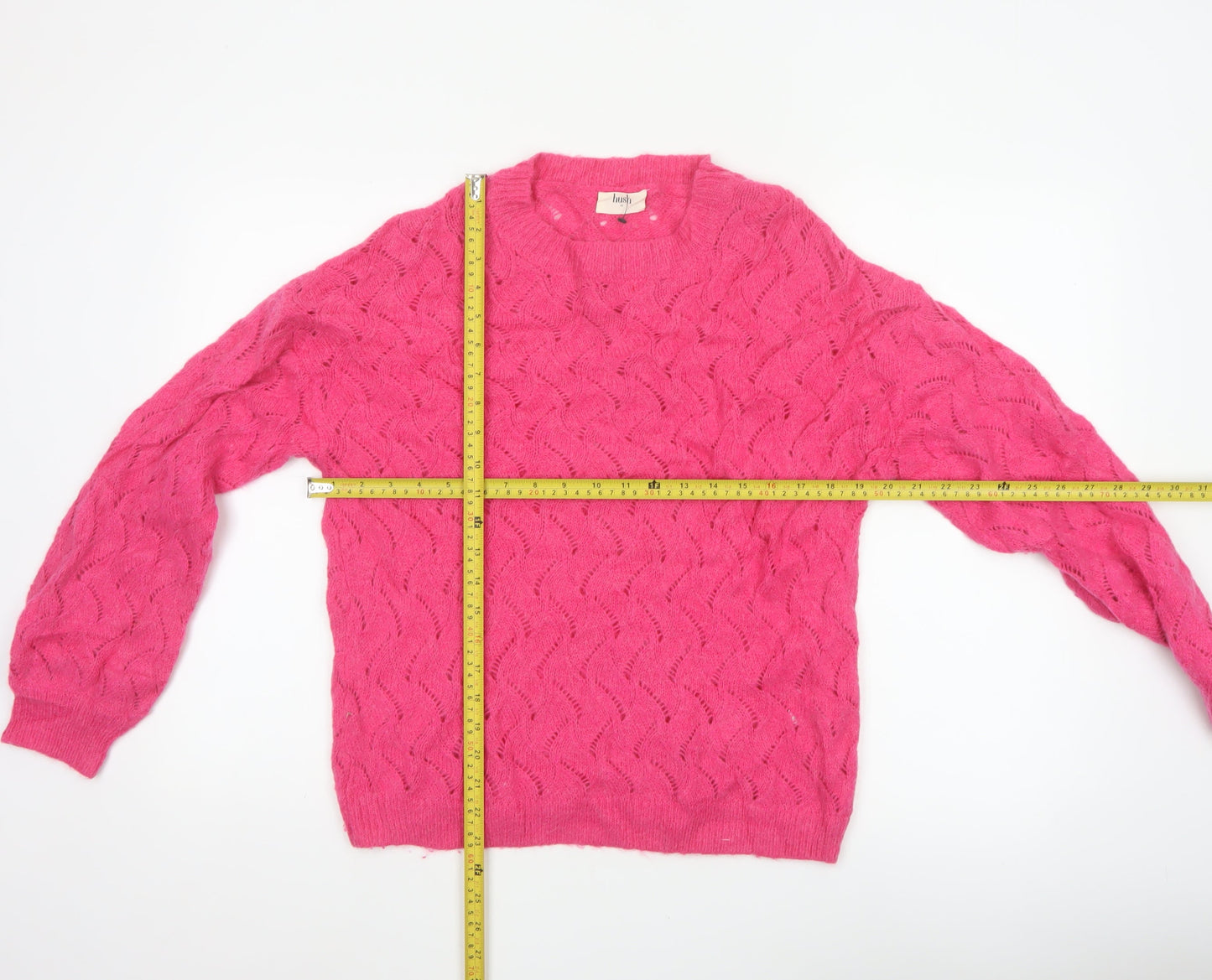 Hush Women’s Pink XS Alpaca Wool Open-Knit Crew Neck Pullover Jumper