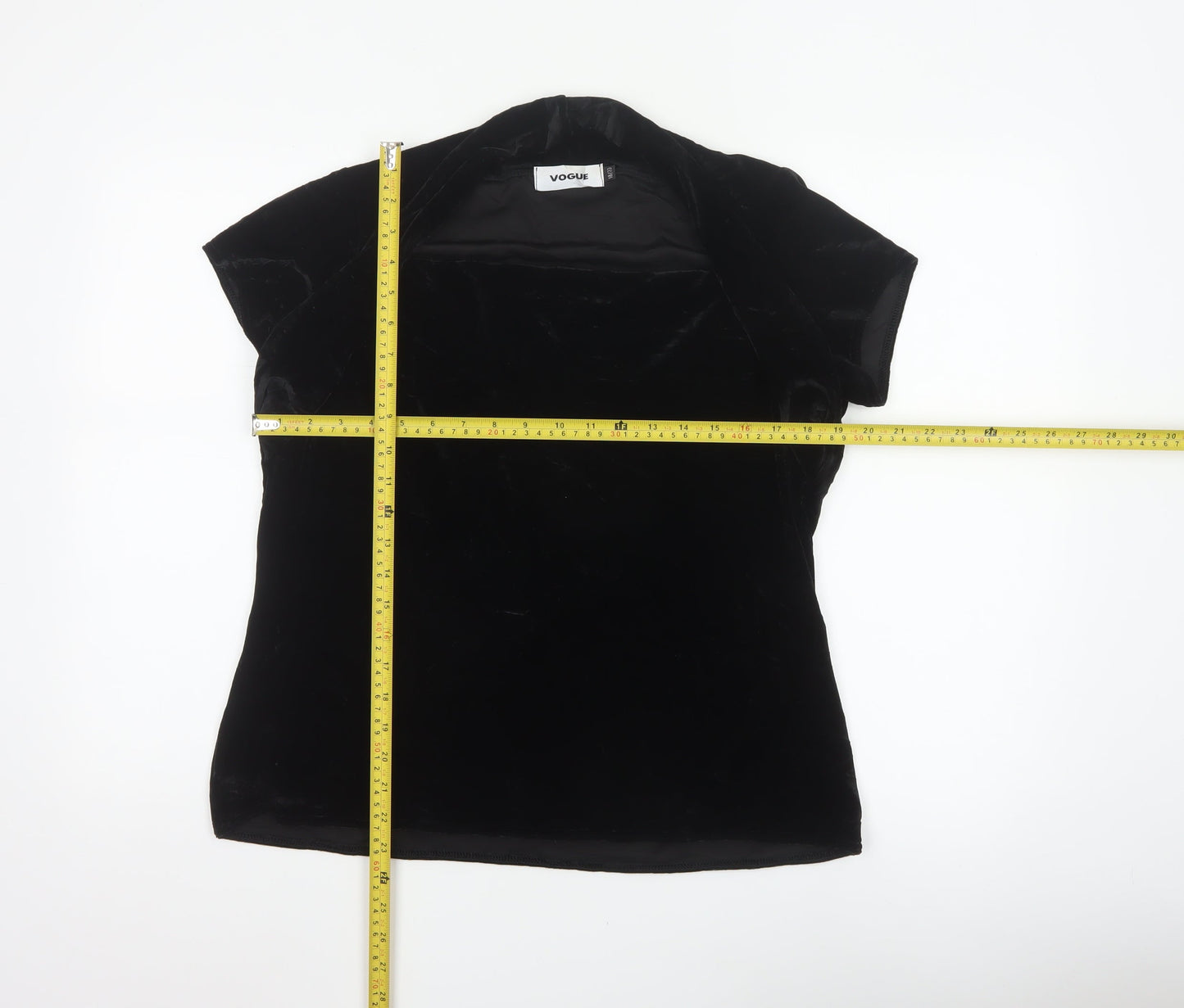 Vogue Women Black Velvet Wrap V-Neck Cap Sleeve Blouse UK 18