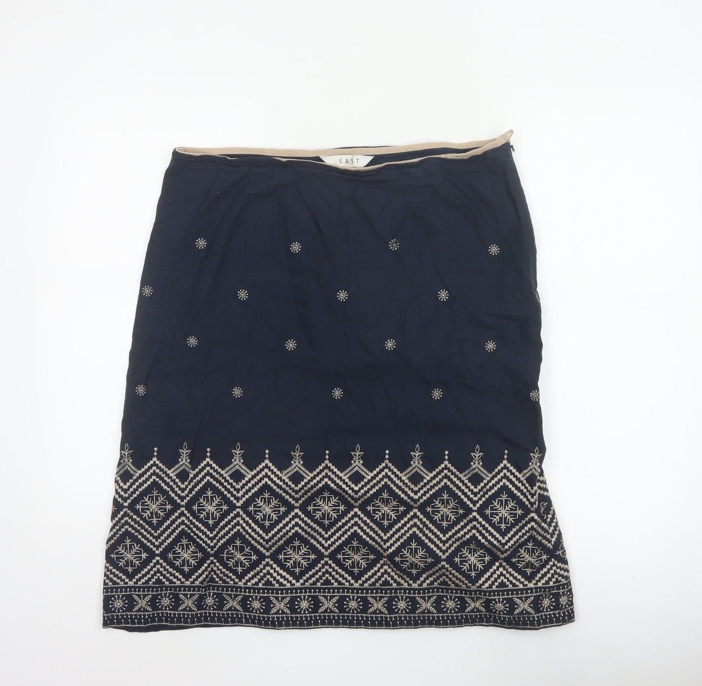 East Women Blue UK 14 Embroidered Geometric Knee Length Pencil Skirt