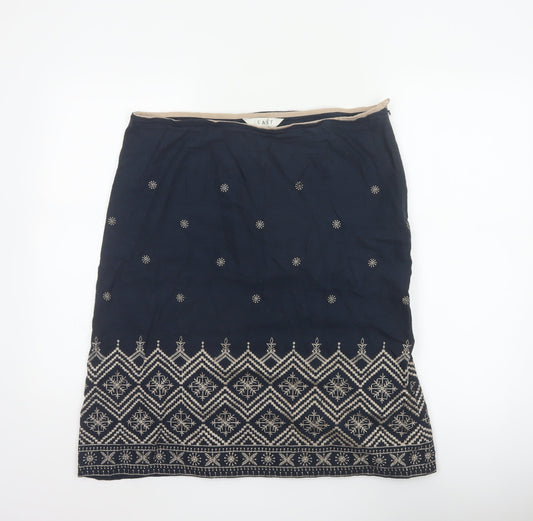 East Women Blue UK 14 Embroidered Geometric Knee Length Pencil Skirt