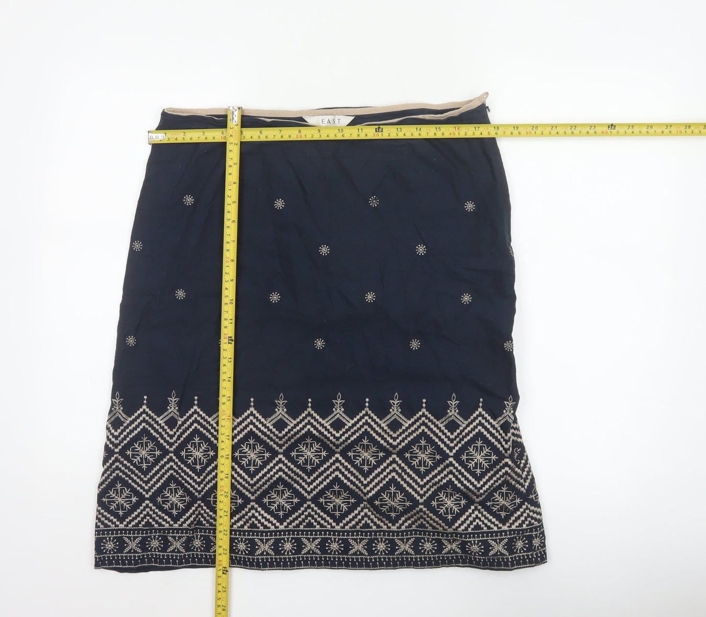 East Women Blue UK 14 Embroidered Geometric Knee Length Pencil Skirt