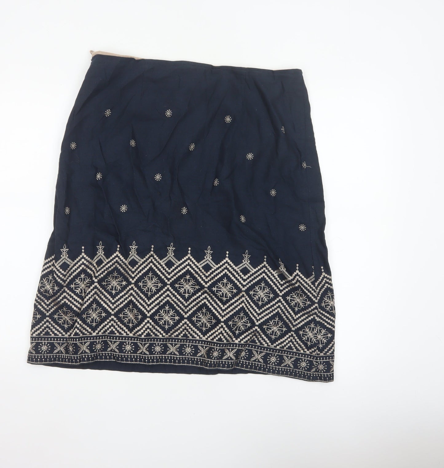East Women Blue UK 14 Embroidered Geometric Knee Length Pencil Skirt