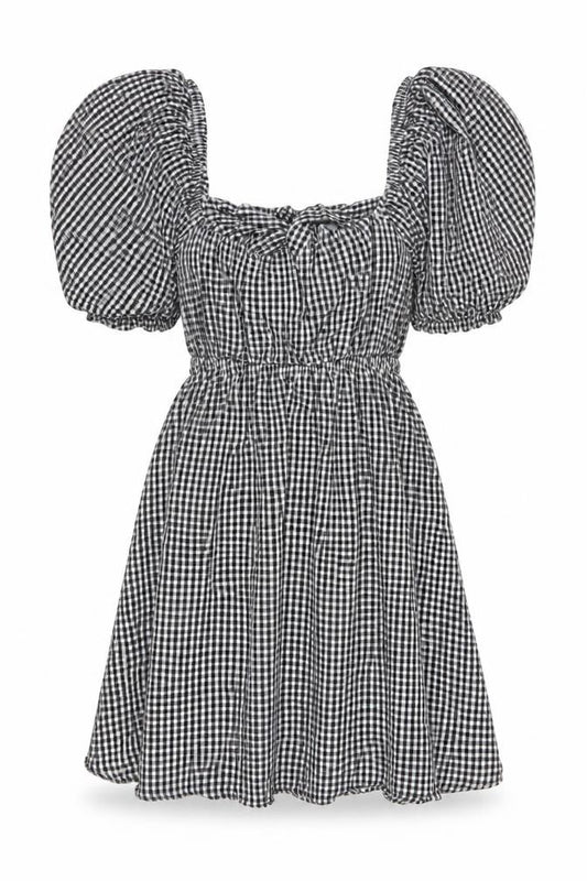 Paper Heart Women Black White Gingham M Fit & Flare Puff Sleeve Dress