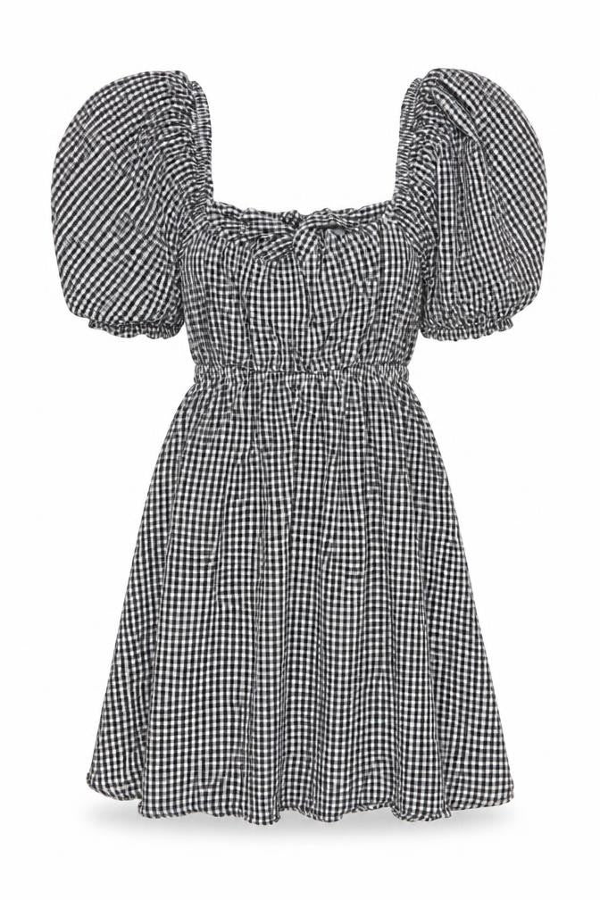 Paper Heart Women Black White Gingham M Fit & Flare Puff Sleeve Dress