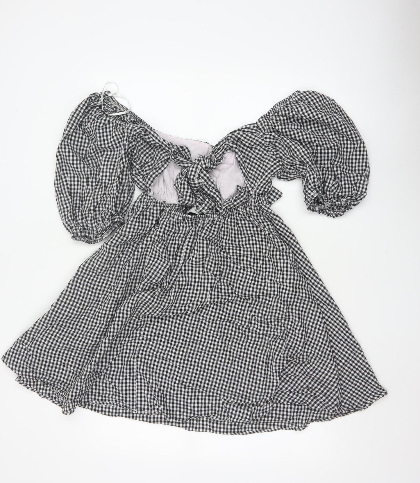 Paper Heart Women Black White Gingham M Fit & Flare Puff Sleeve Dress